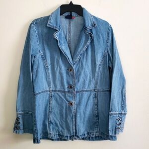 French cuff denim blazer, cotton, blue, casual, academia collegiate women Large